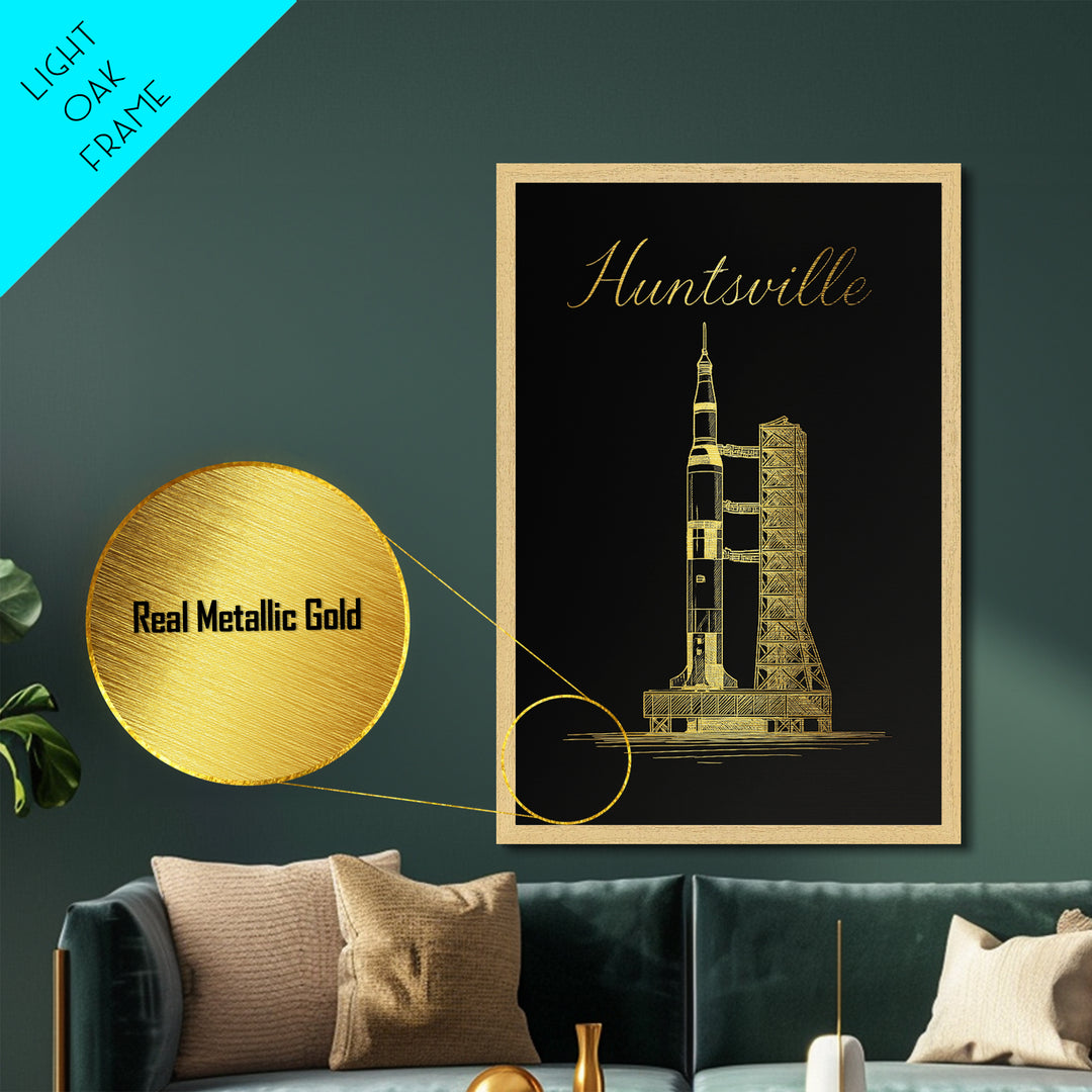 Huntsville Alabama Art, Metallic Gold Print, Wood Framed Art, Metal Art, Modern Wall Art, Graduation Gift, Bedroom Wall Art