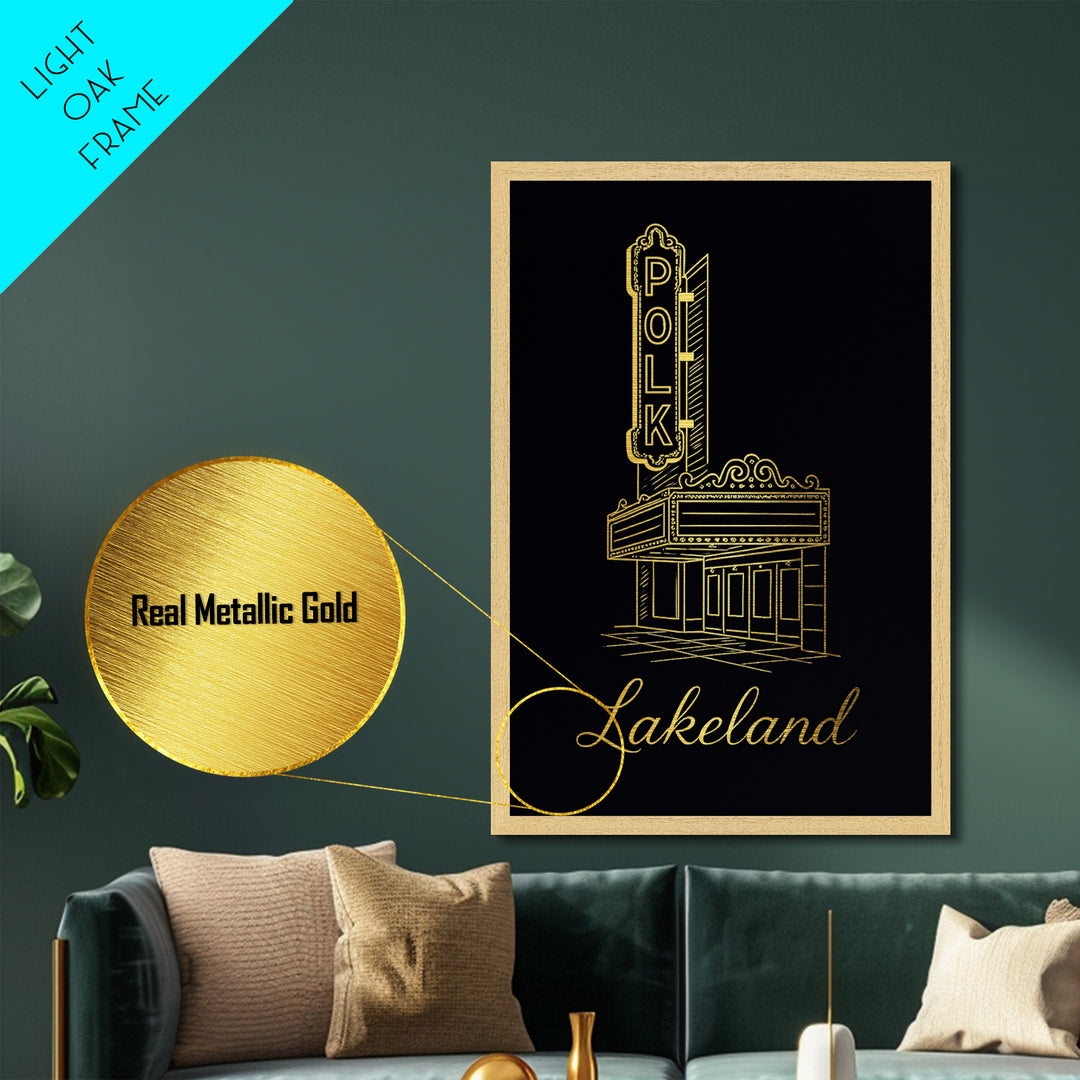 Lakeland Florida Art, Metallic Gold Art, Wood Framed Art, Metal Art, Minimalist Wall Art, Birthday Gift, Bedroom Art