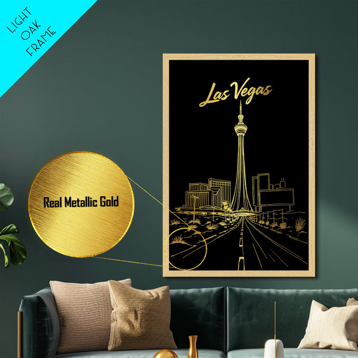 Las Vegas Nevada Travel, Metallic Gold Print, Wood Framed Art, Metal Art, Minimalist Wall Art, Destination Gift, Living Room Art