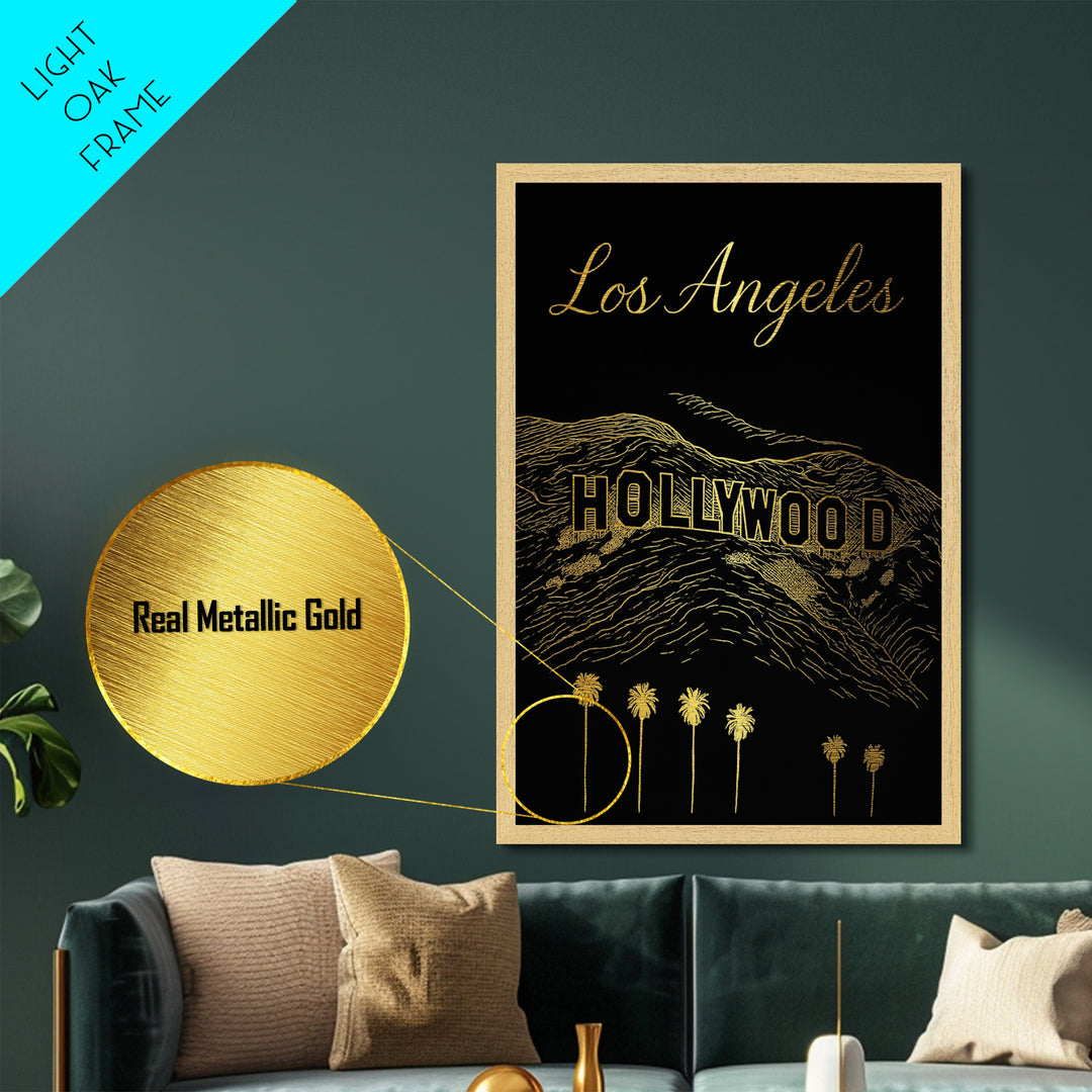 Los Angeles California Art, Metallic Gold Print, Wood Framed Art, Metal Art, Birthday Gift, Living Room Art, Entryway Wall Print