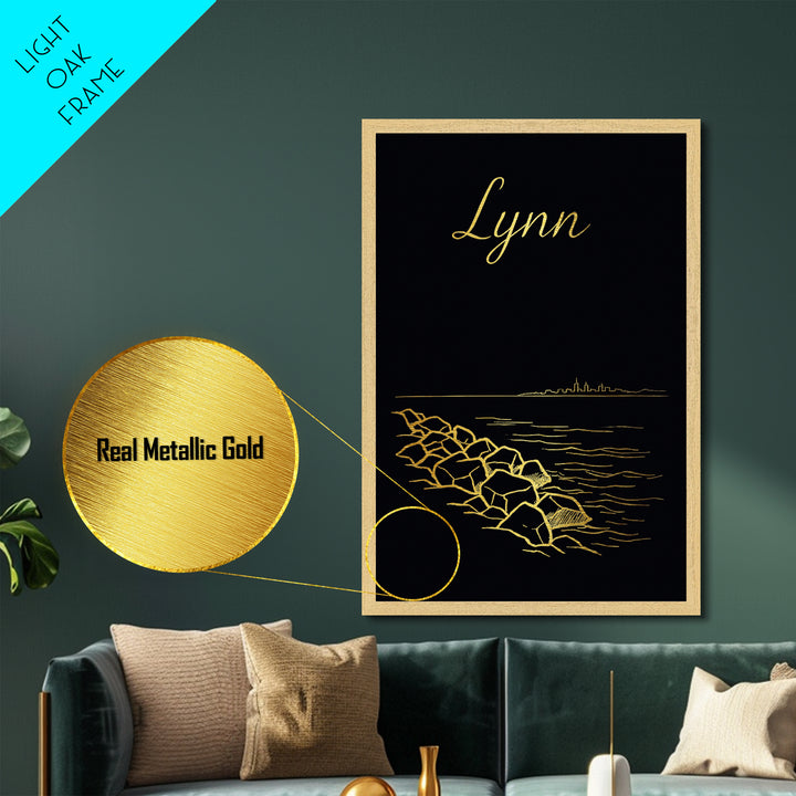 Lynn Massachusetts Art, Metallic Gold Art, Wood Framed Art, Metal Art, Traveler Gift, Entryway Wall Print, Living Room Art