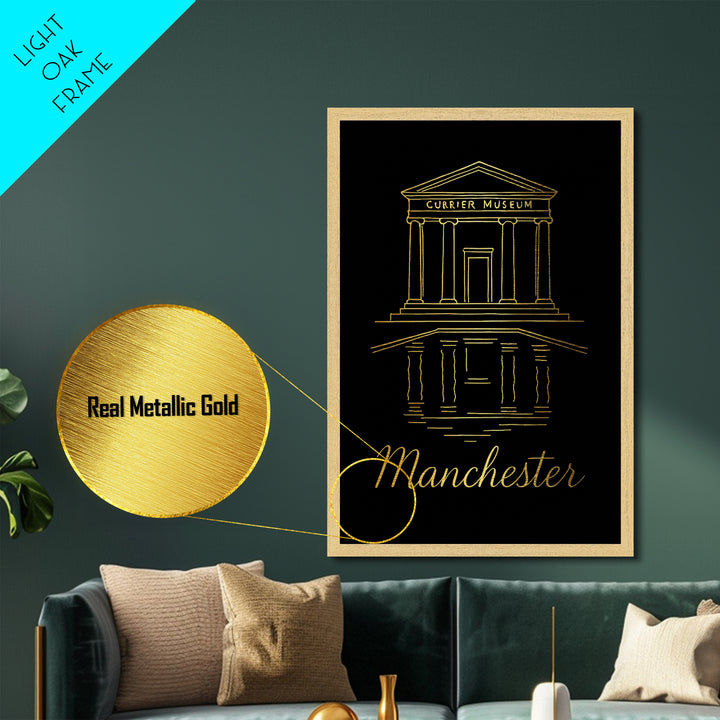 Manchester Connecticut Travel, Metallic Gold Print, Wood Framed Art, Metal Art, Destination Gift, Entryway Wall Print, Hallway Wall Art