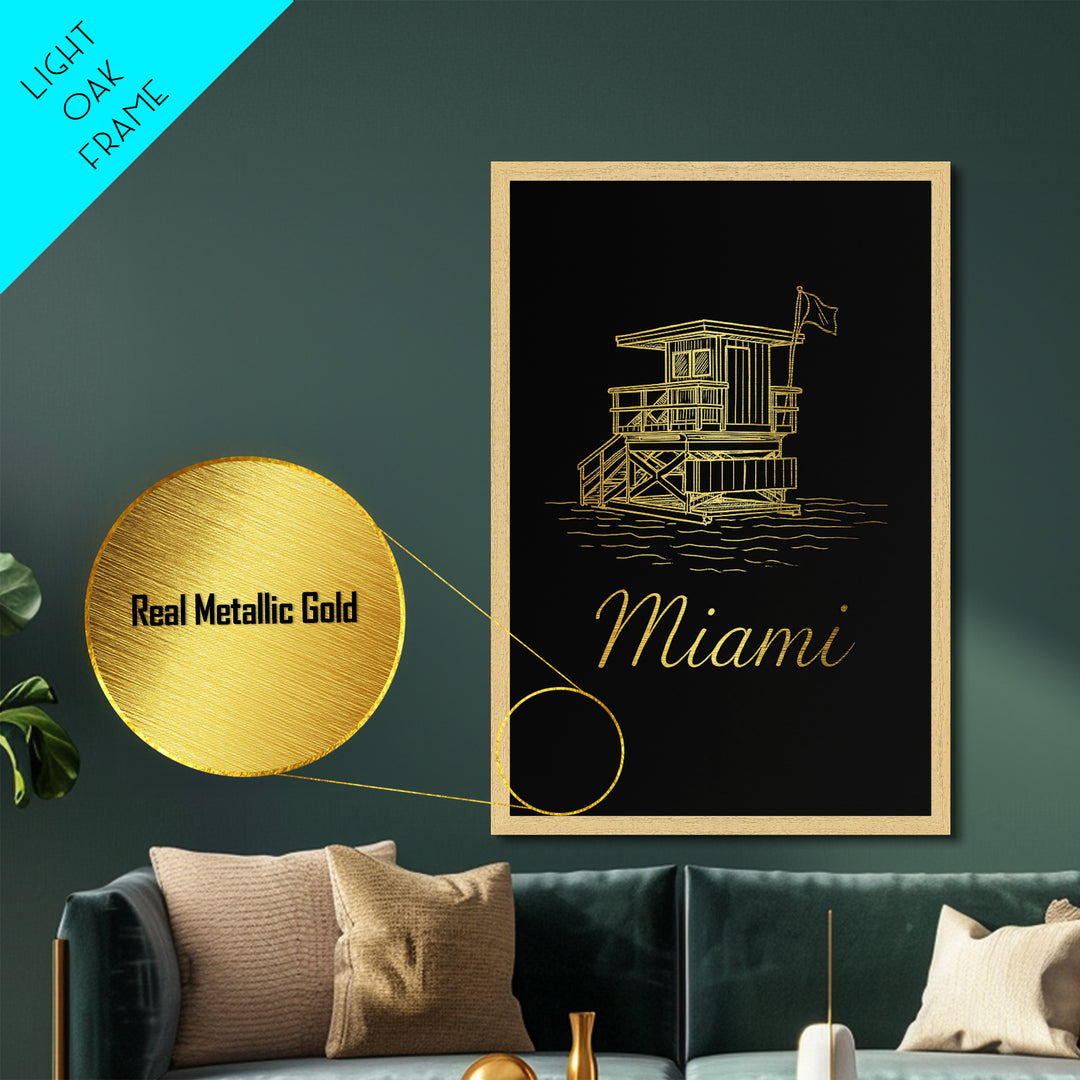 Miami Florida Art, Metallic Gold Print, Wood Framed Art, Metal Art, Adventure Lover Gift, Entryway Wall Print, Living Room Art