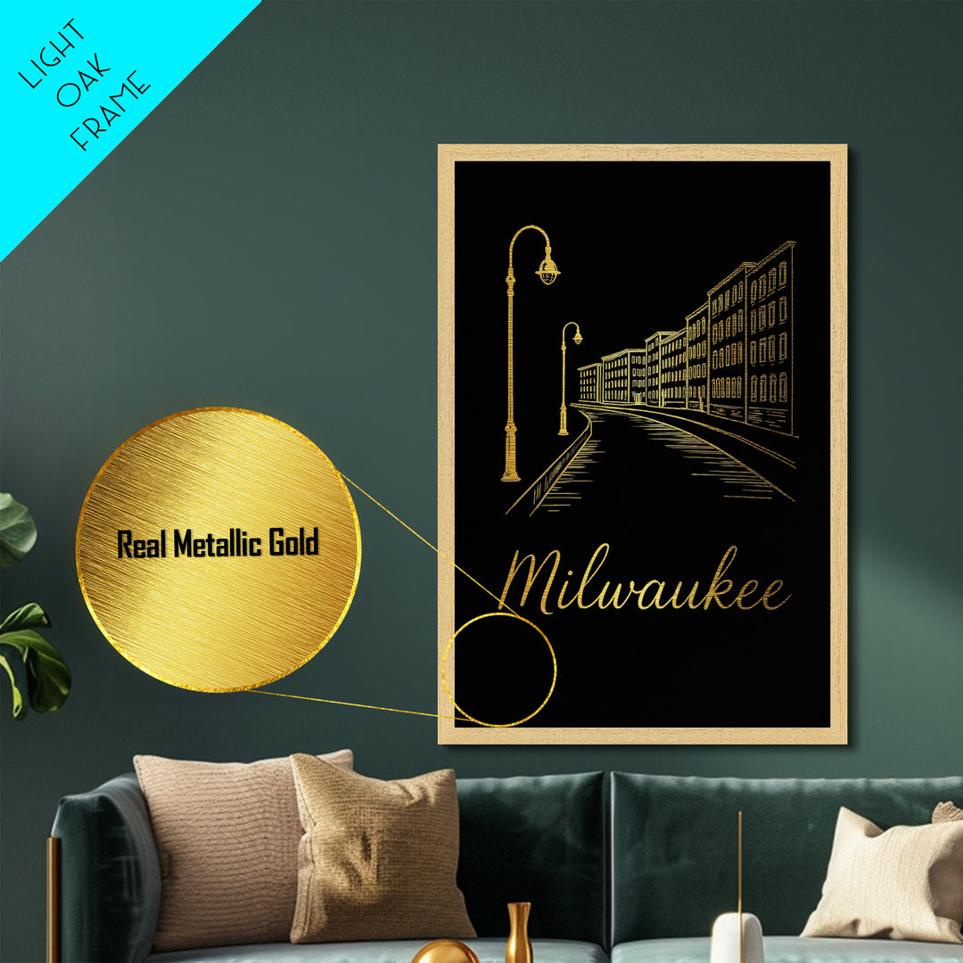 Milwaukee Wisconsin Art, Metallic Gold Print, Wood Framed Art, Metal Art, Birthday Gift, Living Room Art, Entryway Wall Print