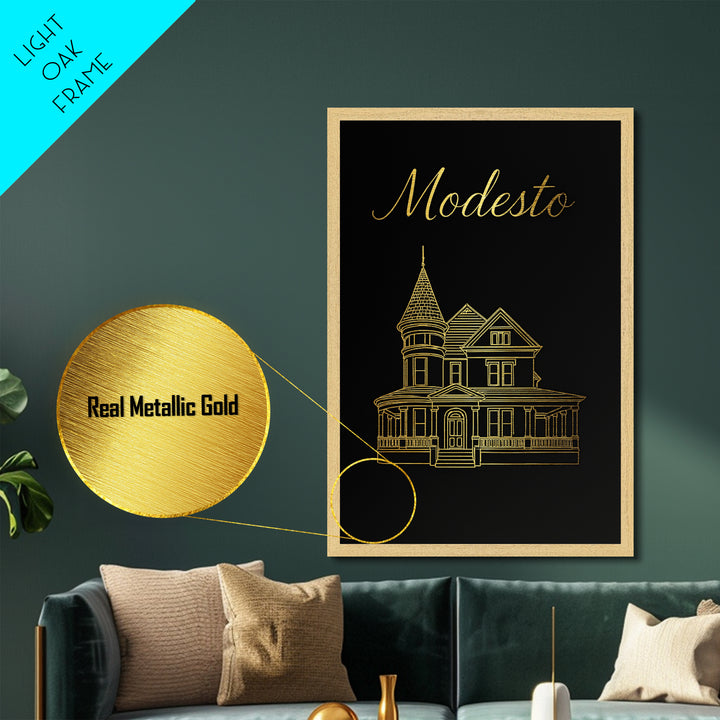 Modesto California Art, Metallic Gold Art, Wood Framed Art, Metal Art, Traveler Gift, Entryway Wall Print, Home Office Art