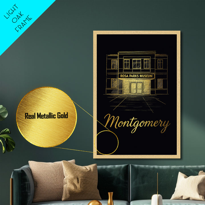 Montgomery Alabama Travel, Metallic Gold Print, Wood Framed Art, Metal Art, Honeymoon Gift, Living Room Art, Bedroom Wall Art