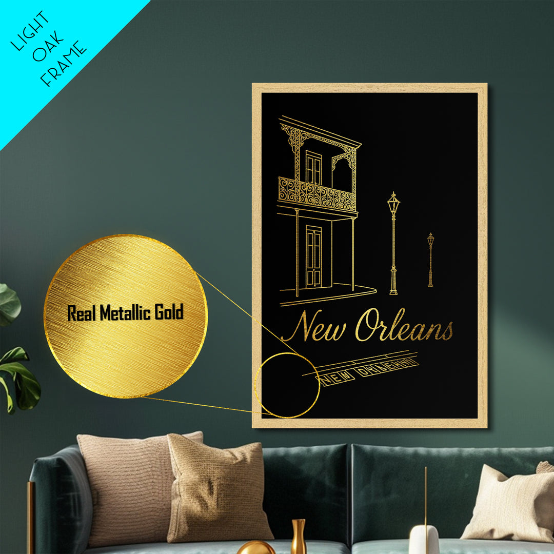 New Orleans Louisiana Art, Metallic Gold Art, Wood Framed Art, Metal Art, Modern Wall Art, Adventure Lover Gift, Living Room Art