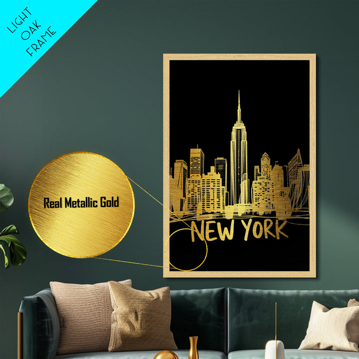 New York New York Art, Metallic Gold Art, Wood Framed Art, Metal Art, Modern House Art, Birthday Gift, Living Room Art