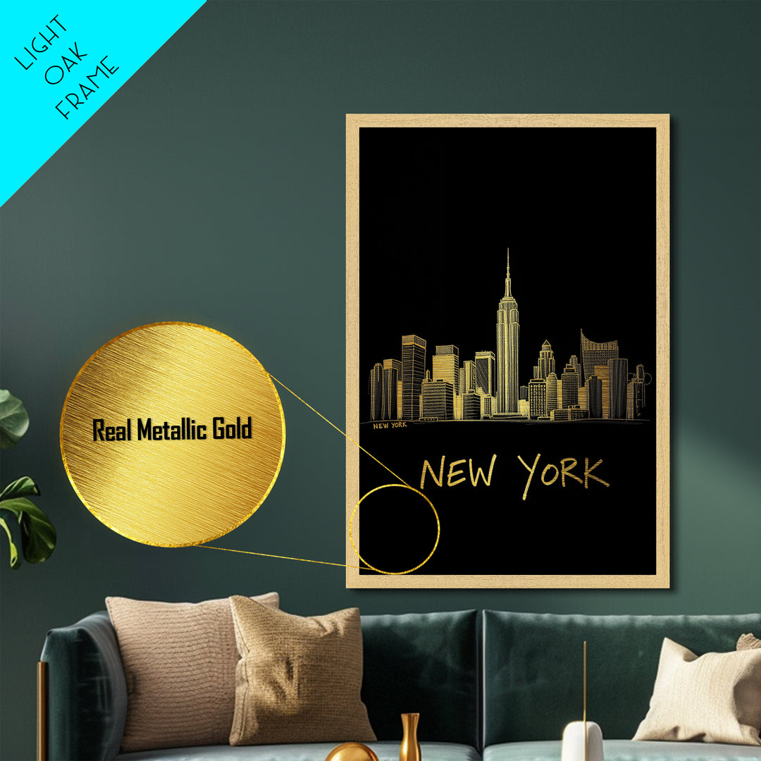 New York New York Travel, Metallic Gold Print, Wood Framed Art, Metal Art, Retirement Gift, Hallway Wall Art, Bedroom Wall Art
