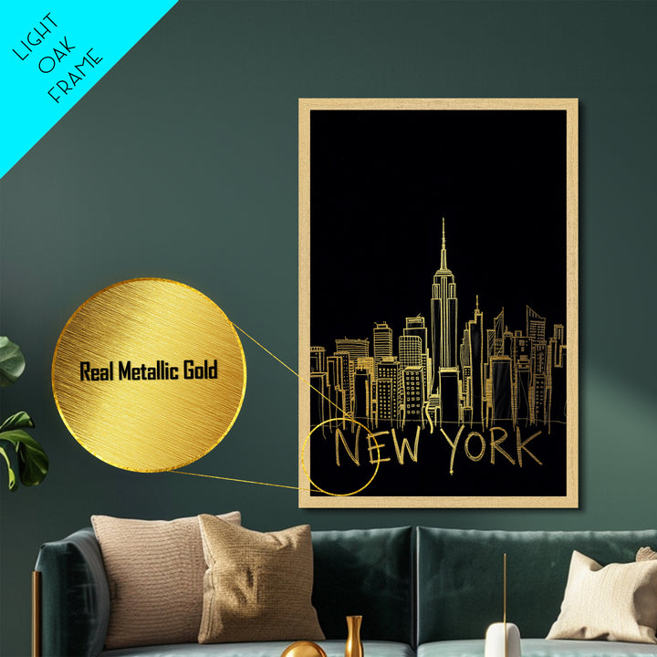 New York New York Travel, Metallic Gold Print, Wood Framed Art, Metal Art, Minimalist Wall Art, Destination Gift, Living Room Art