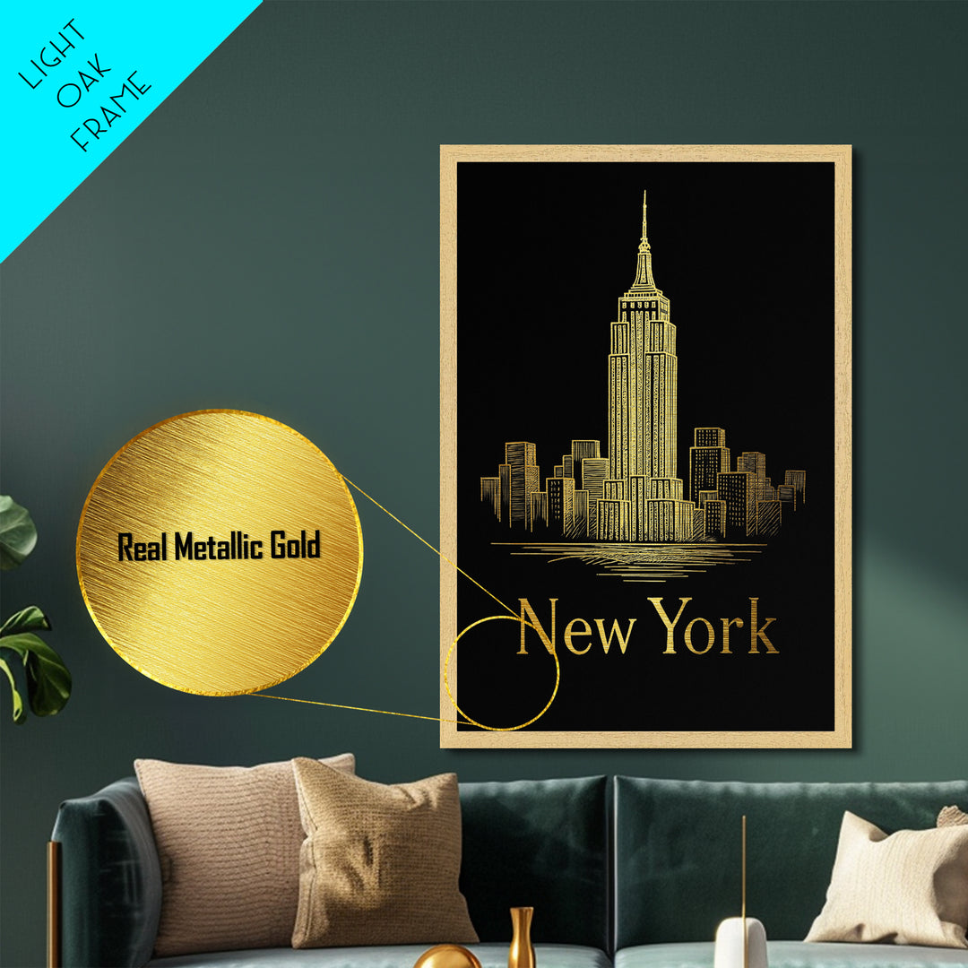 New York New York Travel, Metallic Gold Print, Wood Framed Art, Metal Art, Modern House Art, Wanderlust Gift, Bedroom Art