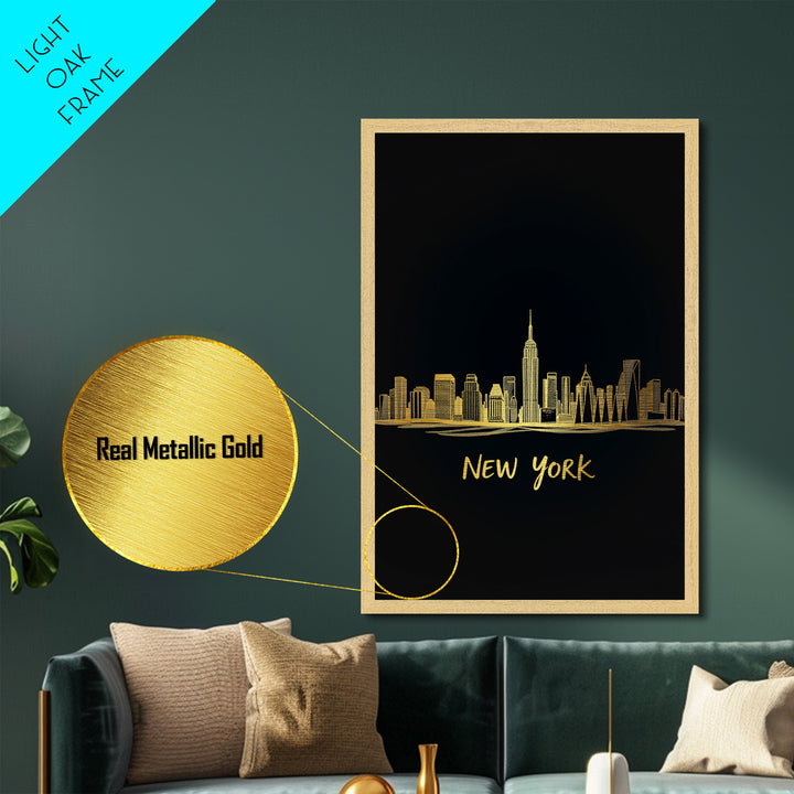 New York New York Travel, Metallic Gold Print, Wood Framed Art, Metal Art, Minimalist Wall Art, Anniversary Gift, Bedroom Art