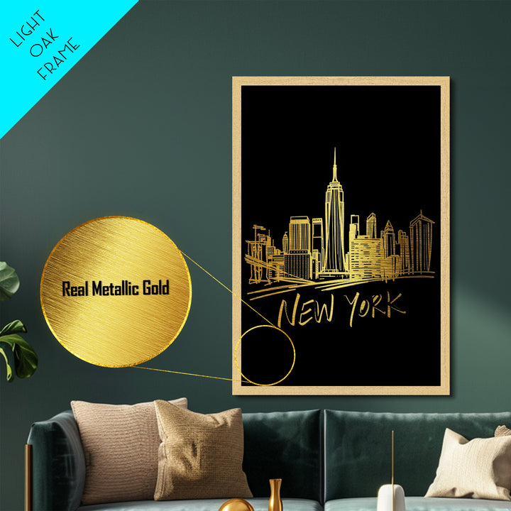 New York New York Travel, Metallic Gold Print, Wood Framed Art, Metal Art, Modern House Art, Honeymoon Gift, Bedroom Wall Art