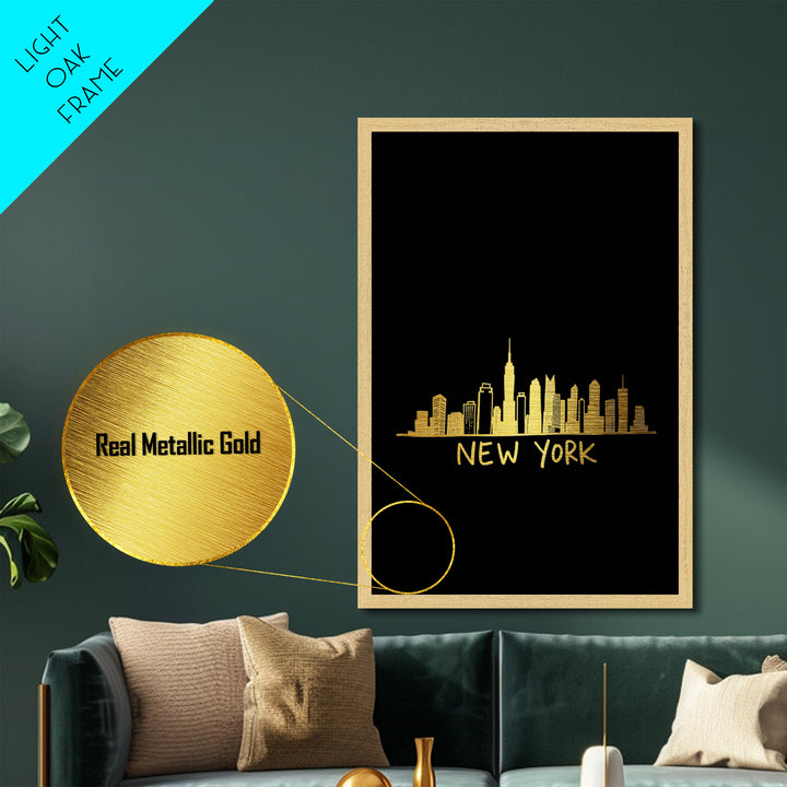 New York New York Art, Metallic Gold Art, Wood Framed Art, Metal Art, Minimalist Wall Art, Birthday Gift, Entryway Wall Print