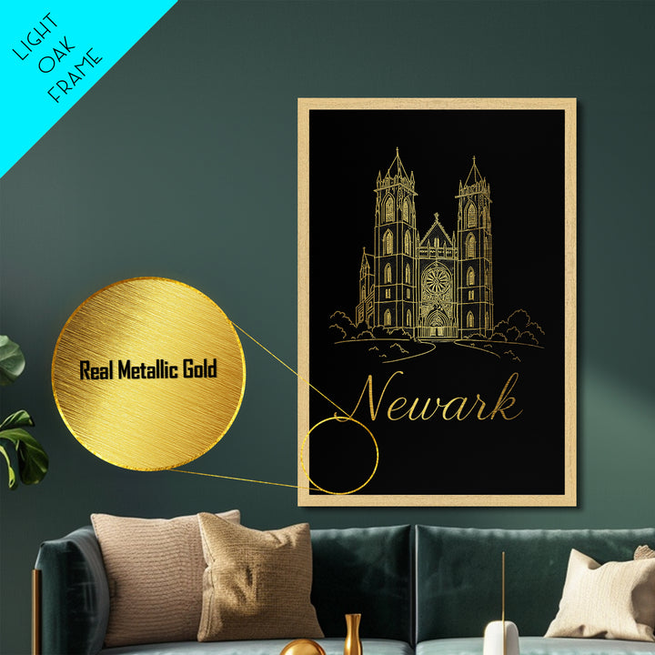Newark New Jersey Art, Metallic Gold Art, Wood Framed Art, Metal Art, Minimalist Wall Art, Destination Gift, Living Room Art