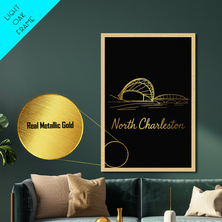North Charleston South Carolina Travel, Metallic Gold Art, Wood Framed Art, Metal Art, Modern House Art, Retirement Gift, Entryway Wall Print