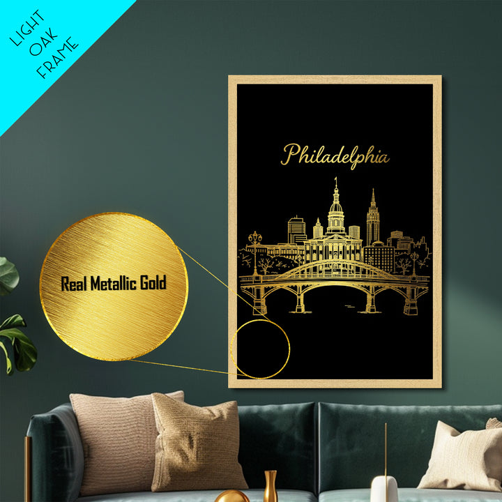 Philadelphia Pennsylvania Travel, Metallic Gold Art, Wood Framed Art, Metal Art, Retirement Gift, Bedroom Wall Art, Hallway Wall Art