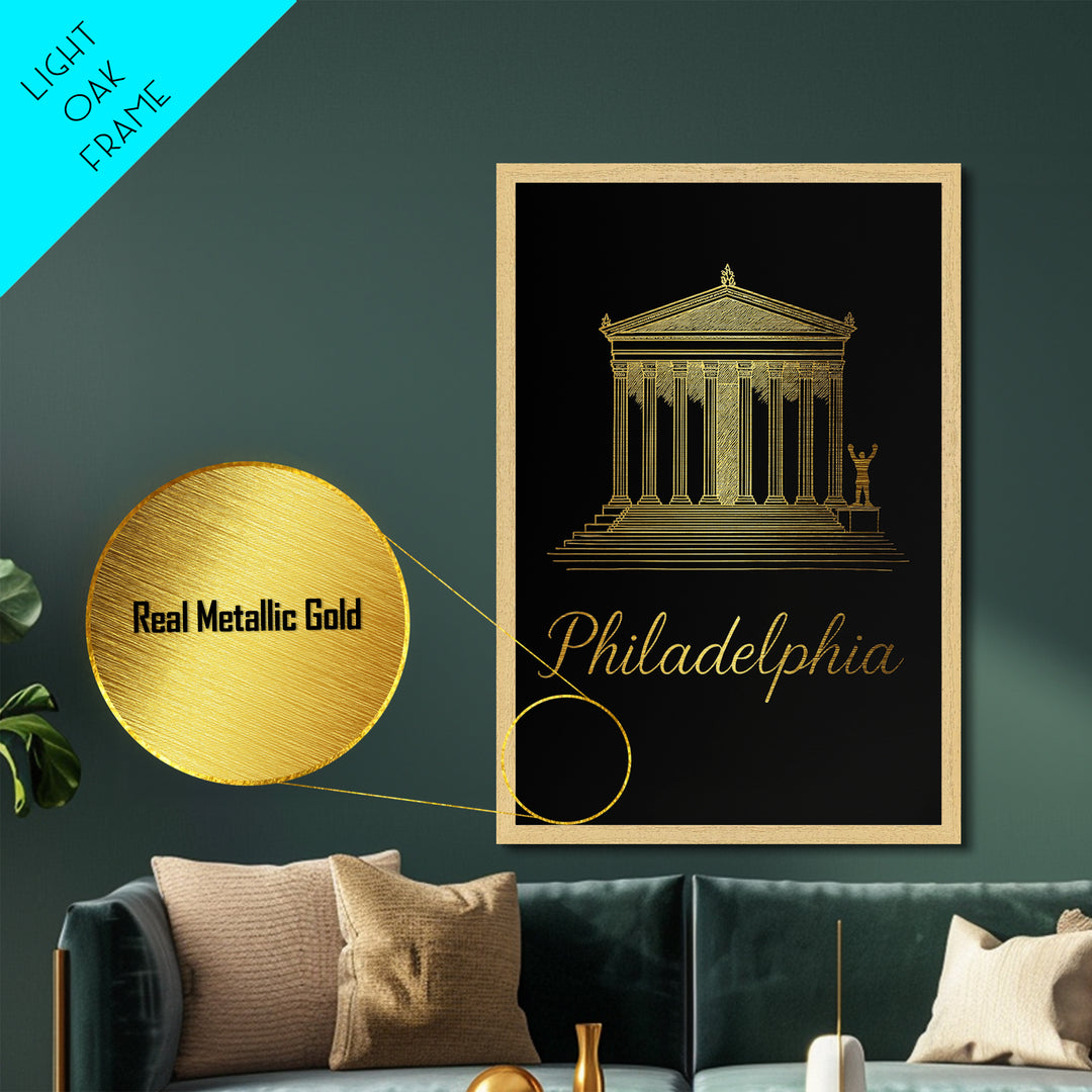 Philadelphia Pennsylvania Art, Metallic Gold Print, Wood Framed Art, Metal Art, Modern Wall Art, Adventure Lover Gift, Living Room Art