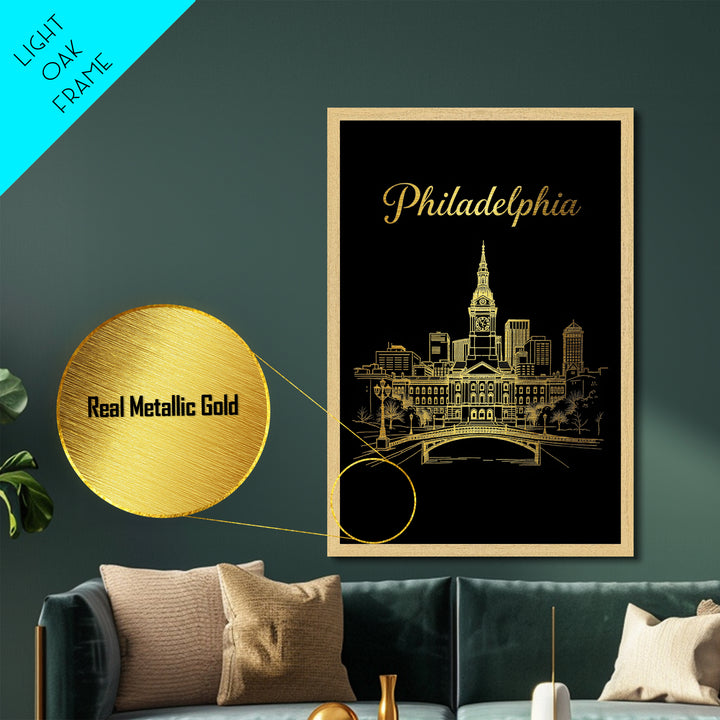 Philadelphia Pennsylvania Travel, Metallic Gold Art, Wood Framed Art, Metal Art, Minimalist Wall Art, Destination Gift, Bedroom Art