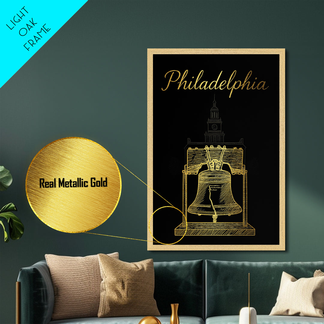 Philadelphia Pennsylvania Art, Metallic Gold Print, Wood Framed Art, Metal Art, Modern House Art, Wanderlust Gift, Entryway Wall Print