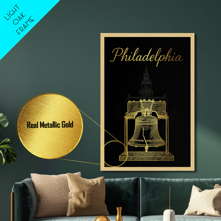 Philadelphia Pennsylvania Art, Metallic Gold Print, Wood Framed Art, Metal Art, Modern House Art, Wanderlust Gift, Entryway Wall Print