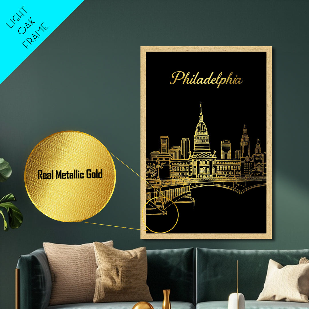 Philadelphia Pennsylvania Travel, Metallic Gold Art, Wood Framed Art, Metal Art, Traveler Gift, Bedroom Wall Art, Hallway Wall Art