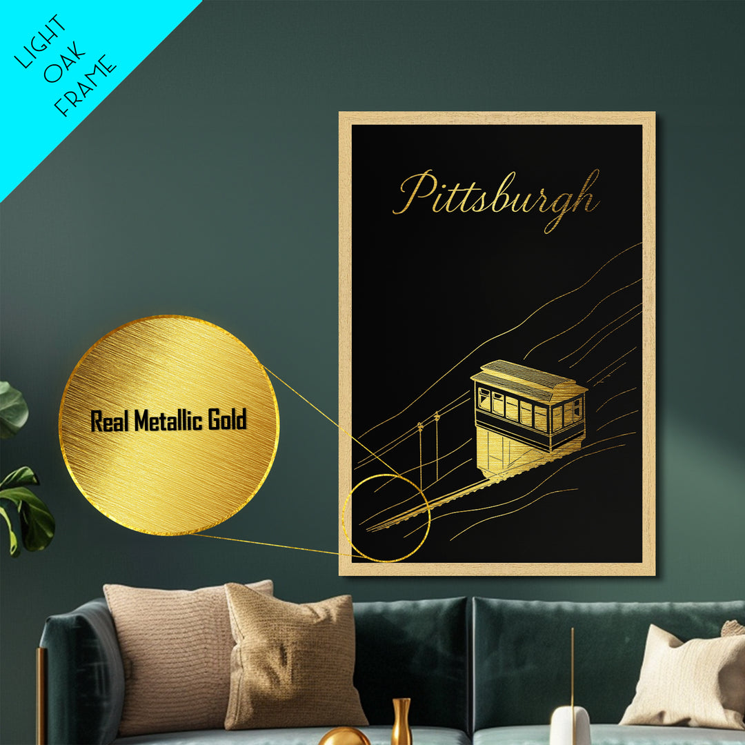 Pittsburgh Pennsylvania Travel, Metallic Gold Print, Wood Framed Art, Metal Art, Modern House Art, Honeymoon Gift, Entryway Wall Print