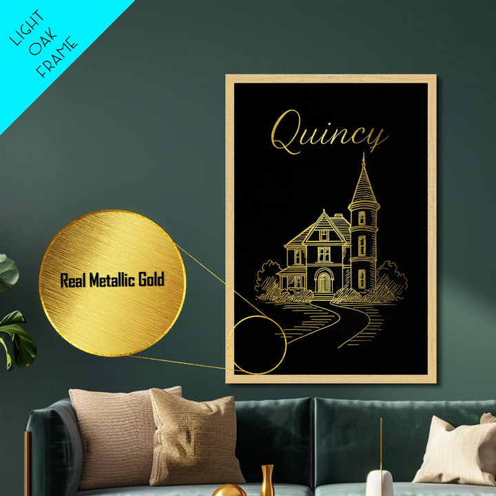 Quincy Massachusetts Art, Metallic Gold Art, Wood Framed Art, Metal Art, Minimalist Wall Art, Anniversary Travel Gift, Home Decor