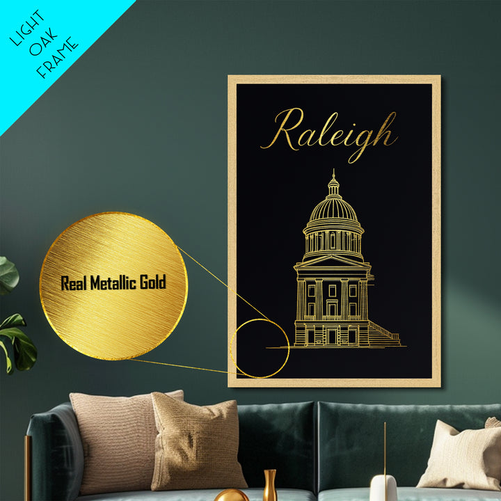 Raleigh North Carolina Travel, Metallic Gold Print, Wood Framed Art, Metal Art, Modern Wall Art, Graduation Travel Gift, Bedroom Decor