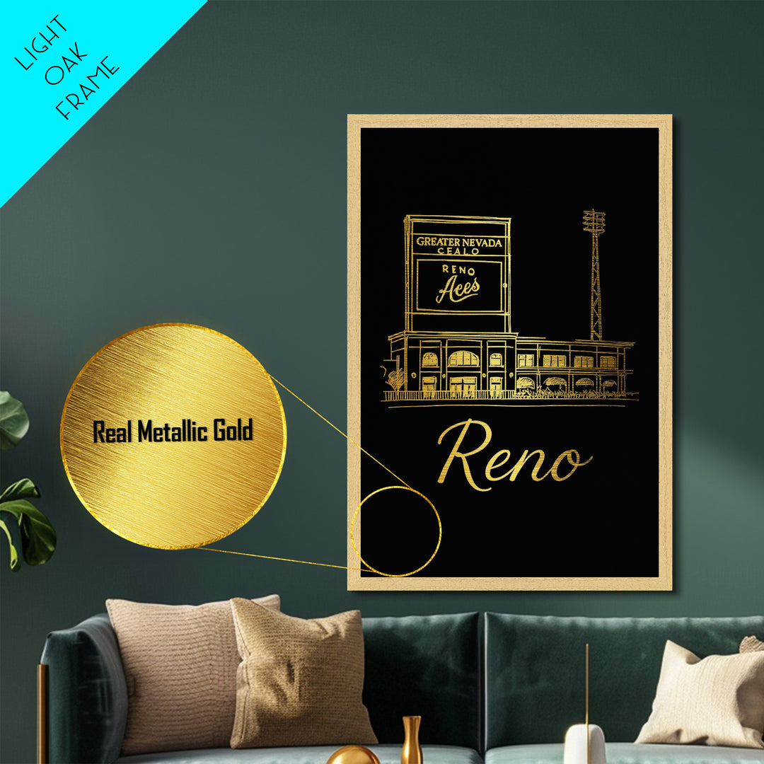 Reno Nevada Travel, Metallic Gold Print, Wood Framed Art, Metal Art, Modern House Art, Retirement Travel Gift, Bedroom Decor