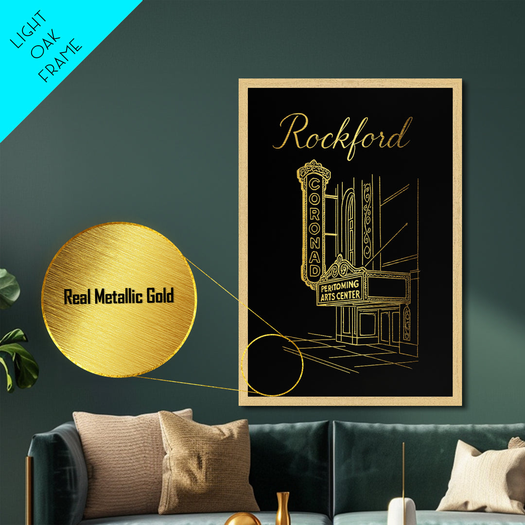 Rockford Illinois Travel, Metallic Gold Print, Wood Framed Art, Metal Art, Modern Wall Art, Anniversary Travel Gift, Bedroom Decor