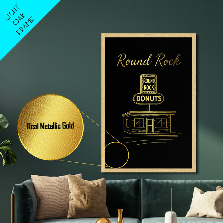 Round Rock Texas Travel, Metallic Gold Print, Wood Framed Art, Metal Art, Modern Wall Art, Wanderlust Gift, Living Room Decor