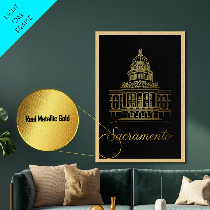 Sacramento California Travel, Metallic Gold Print, Wood Framed Art, Metal Art, Modern Wall Art, Graduation Travel Gift, Bedroom Decor