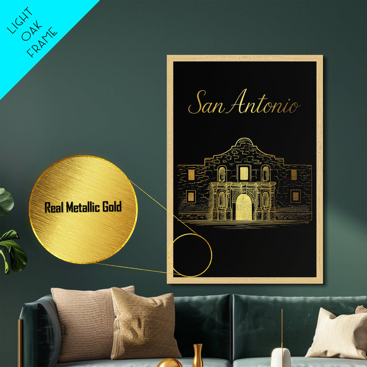 San Antonio Texas Travel, Metallic Gold Print, Wood Framed Art, Metal Art, Minimalist Wall Art, Honeymoon Gift, Bedroom Decor
