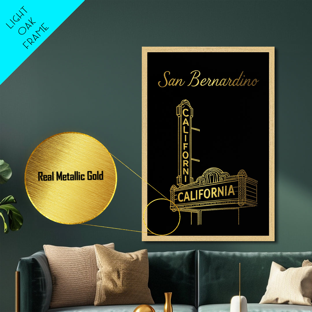 San Bernardino California Travel, Metallic Gold Print, Wood Framed Art, Metal Art, Modern Wall Art, Retirement Travel Gift, Office Decor