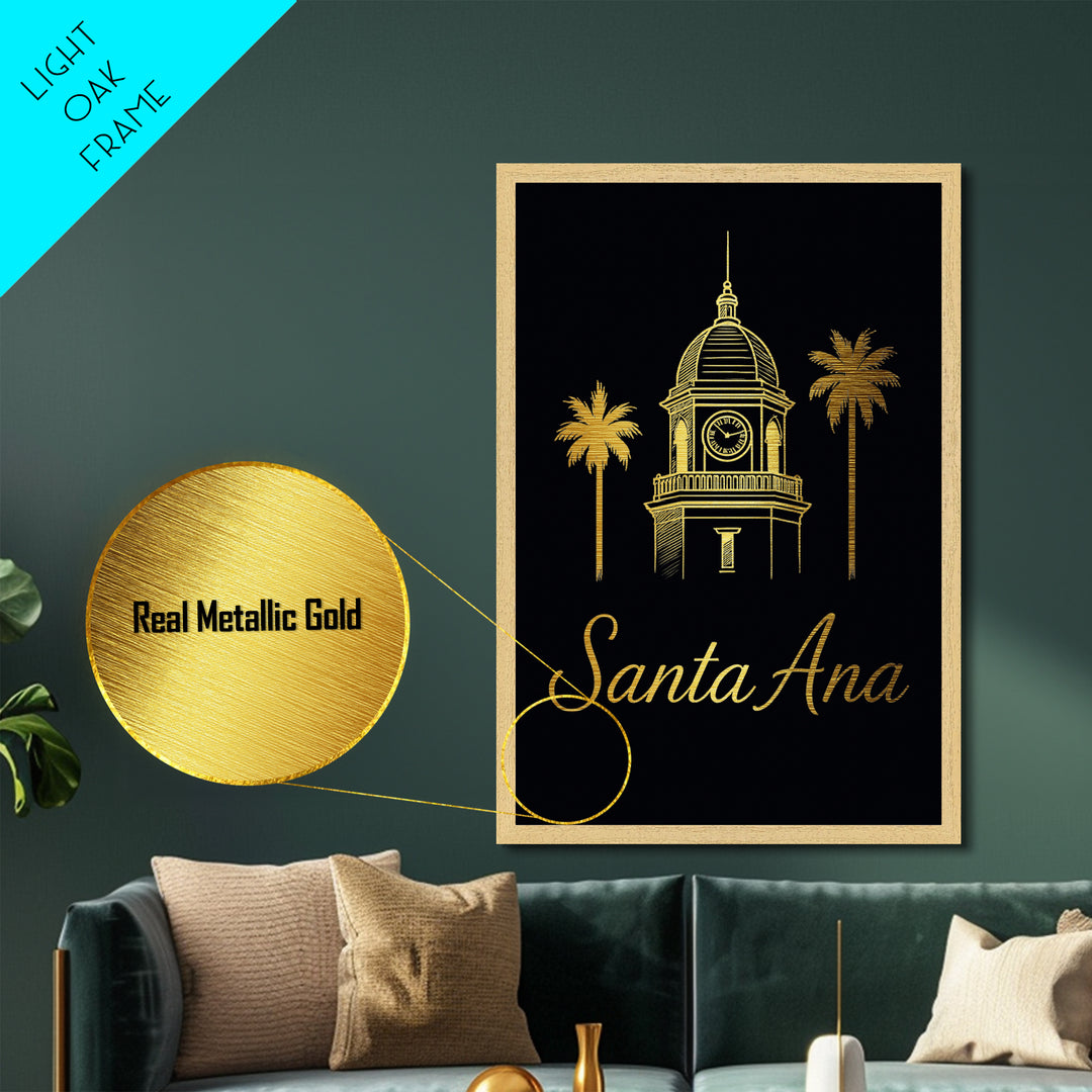 Santa Ana California Travel, Metallic Gold Print, Wood Framed Art, Metal Art, Modern Wall Art, Anniversary Travel Gift, Bedroom Decor