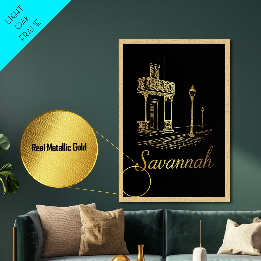 Savannah Georgia Art, Metallic Gold Art, Wood Framed Art, Metal Art, Modern House Art, Birthday Travel Gift, Living Room Decor