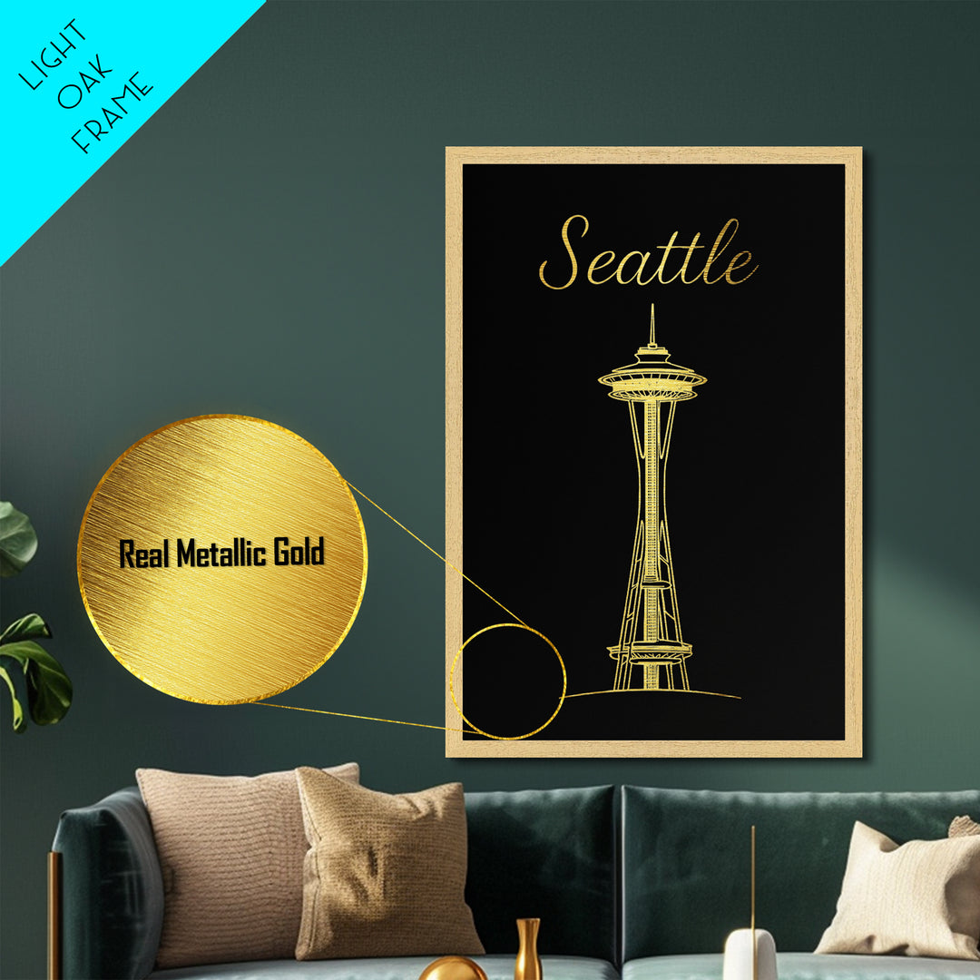 Seattle Washington Travel, Metallic Gold Print, Wood Framed Art, Metal Art, Modern Wall Art, Wanderlust Gift, Living Room Decor