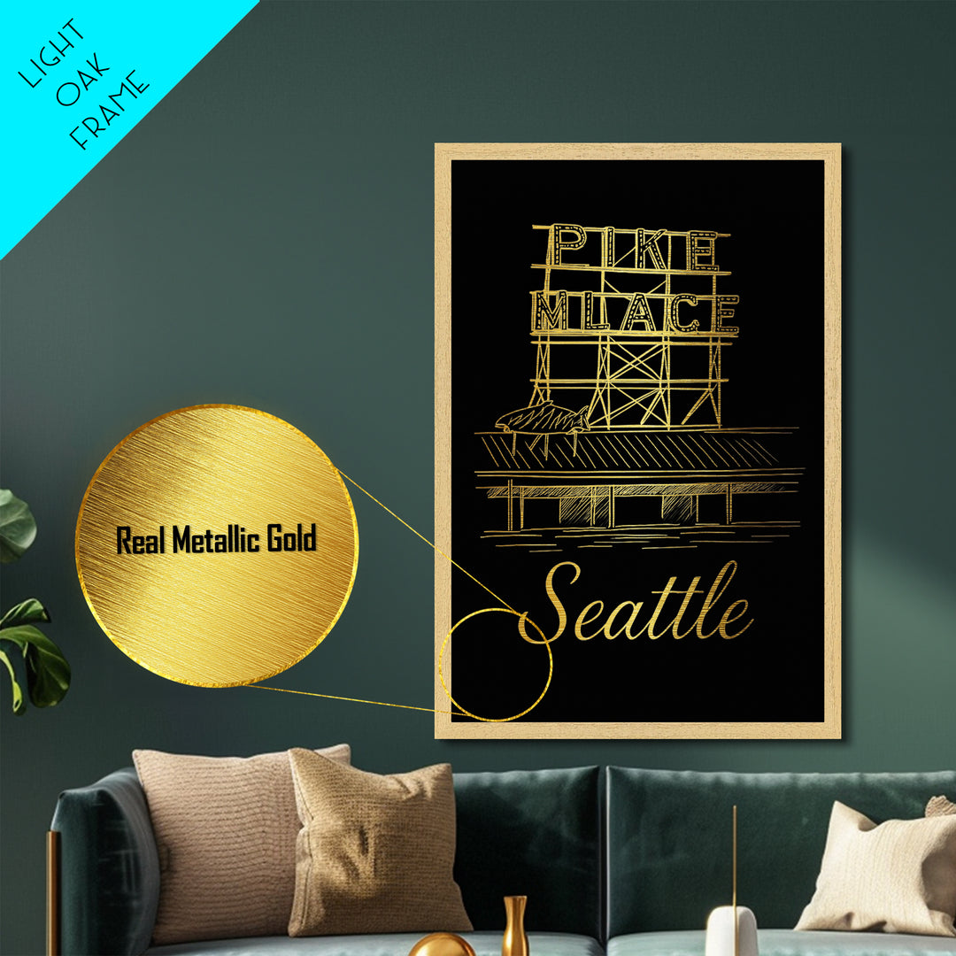 Seattle Washington Art, Metallic Gold Art, Wood Framed Art, Metal Art, Minimalist Wall Art, Anniversary Travel Gift, Bedroom Decor