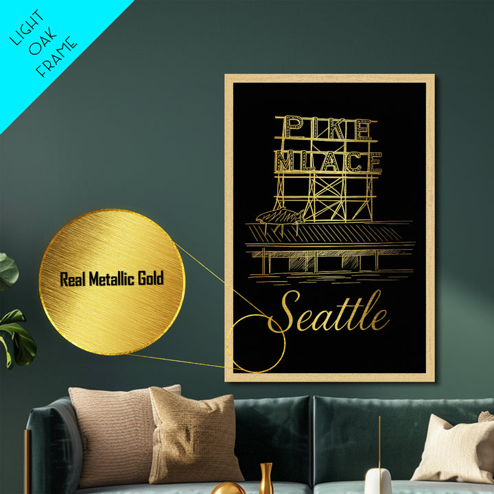 Seattle Washington Art, Metallic Gold Art, Wood Framed Art, Metal Art, Minimalist Wall Art, Anniversary Travel Gift, Bedroom Decor