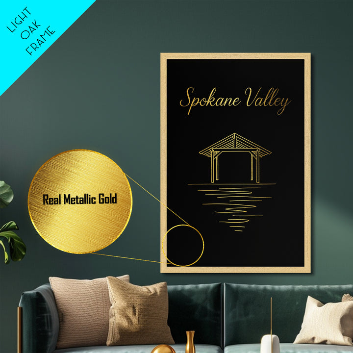 Spokane Valley Washington Art, Metallic Gold Art, Wood Framed Art, Metal Art, Modern Wall Art, Retirement Travel Gift, Office Decor