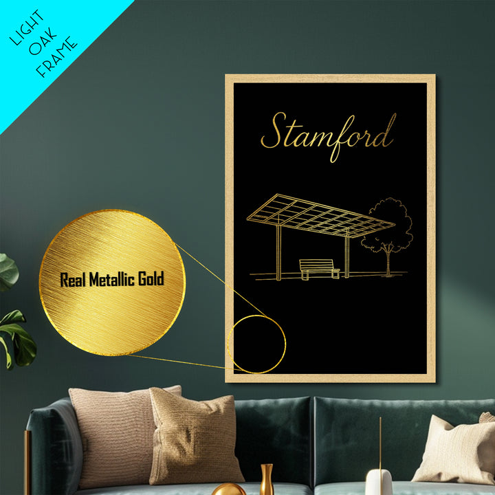 Stamford Connecticut Art, Metallic Gold Art, Wood Framed Art, Metal Art, Modern Wall Art, Traveler Gift, Living Room Decor