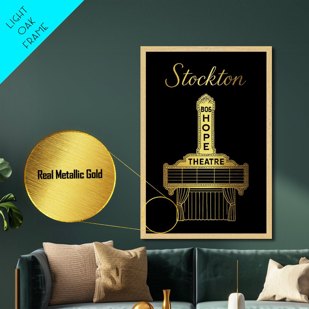 Stockton California Travel, Metallic Gold Print, Wood Framed Art, Metal Art, Modern Wall Art, Anniversary Travel Gift, Living Room Decor