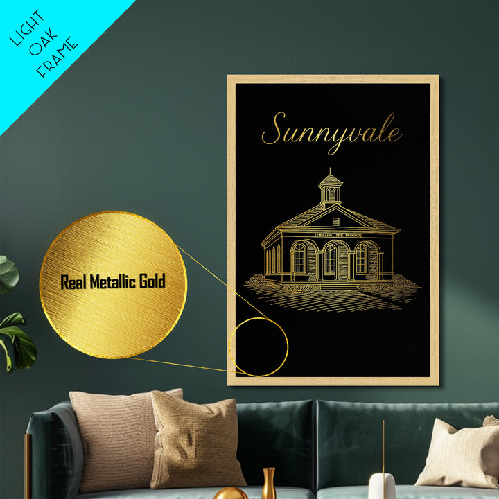 Sunnyvale California Travel, Metallic Gold Print, Wood Framed Art, Metal Art, Modern House Art, Wanderlust Gift, Living Room Decor