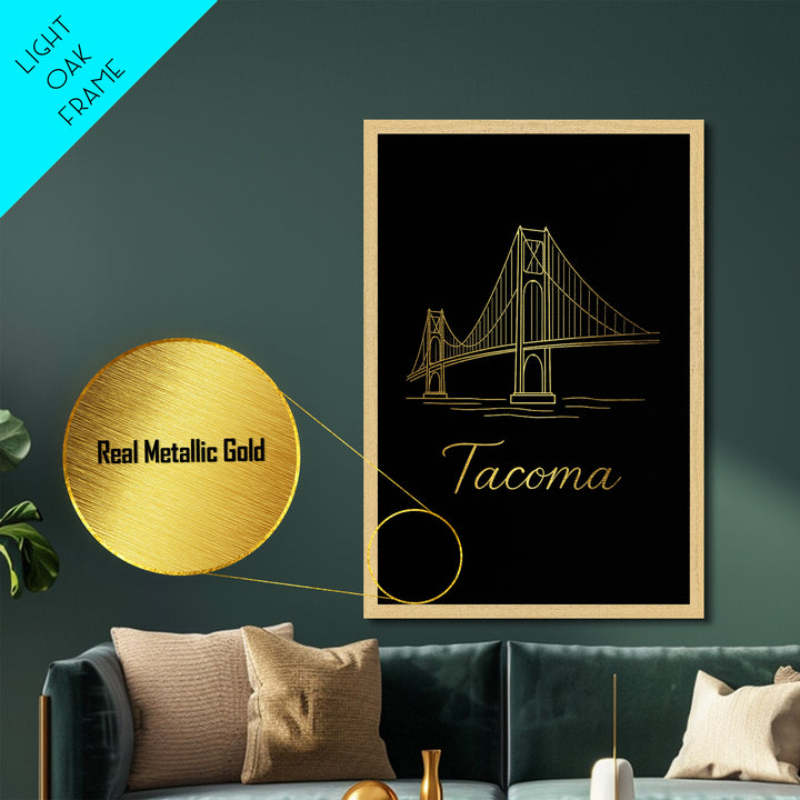 Tacoma Washington Travel, Metallic Gold Print, Wood Framed Art, Metal Art, Modern Wall Art, Adventure Lover Gift, Bedroom Decor