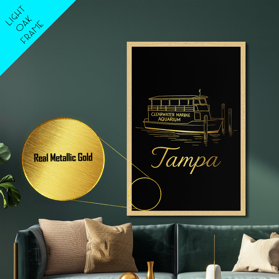 Tampa Florida Travel, Metallic Gold Print, Wood Framed Art, Metal Art, Modern Wall Art, Graduation Travel Gift, Bedroom Decor