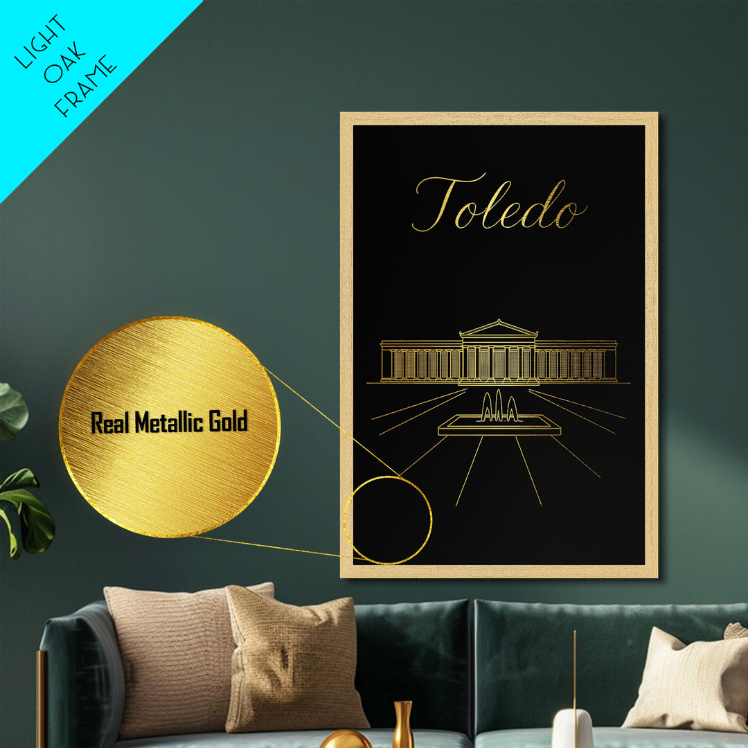 Toledo Ohio Travel, Metallic Gold Print, Wood Framed Art, Metal Art, Modern Wall Art, Graduation Travel Gift, Home Decor