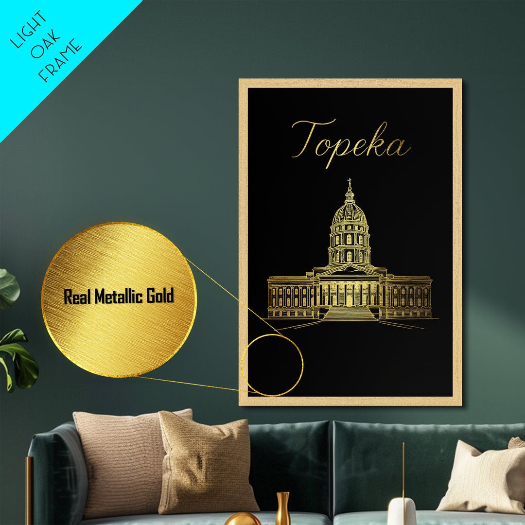 Topeka Kansas Travel, Metallic Gold Print, Wood Framed Art, Metal Art, Modern House Art, Birthday Travel Gift, Living Room Decor