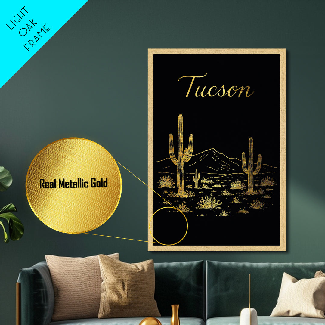 Tucson Arizona Travel, Metallic Gold Print, Wood Framed Art, Metal Art, Modern House Art, Wanderlust Gift, Home Decor