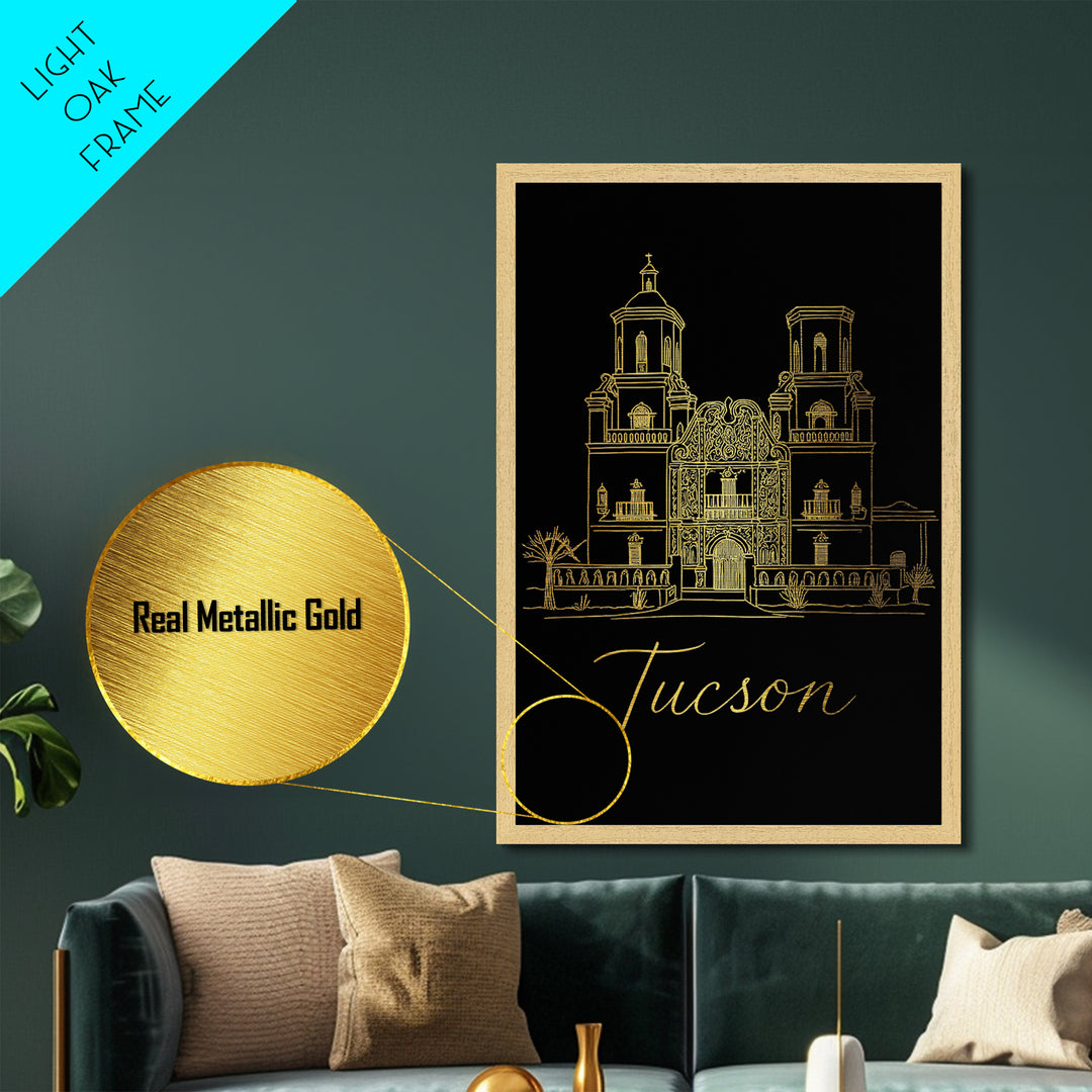 Tucson Arizona Art, Metallic Gold Art, Wood Framed Art, Metal Art, Minimalist Wall Art, Anniversary Travel Gift, Bedroom Decor